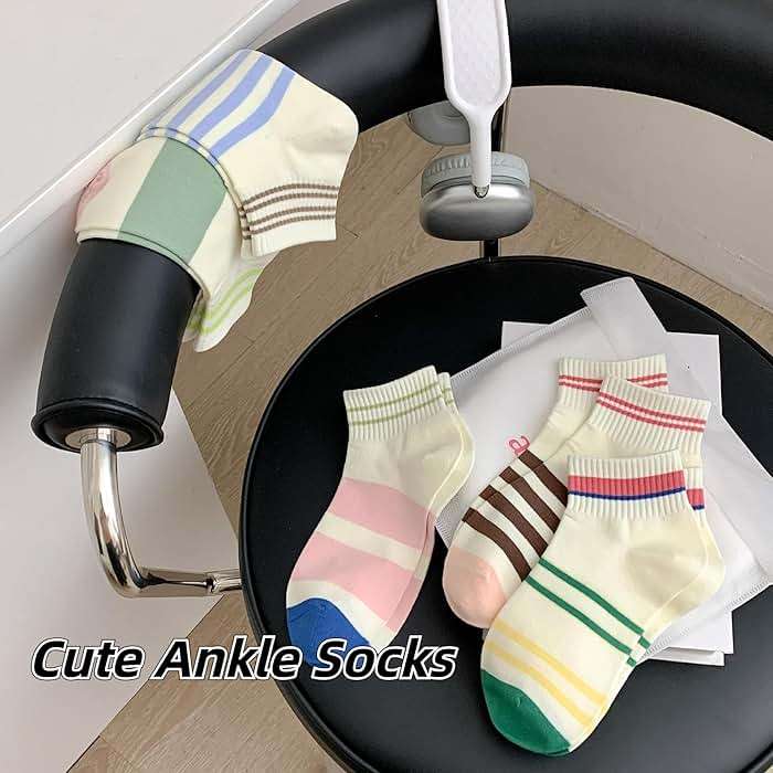 5 Pairs Cute Striped Ankle Socks Academic Style Low-cut Socks for Women Girls (5 Pairs-Set03) - Image 7