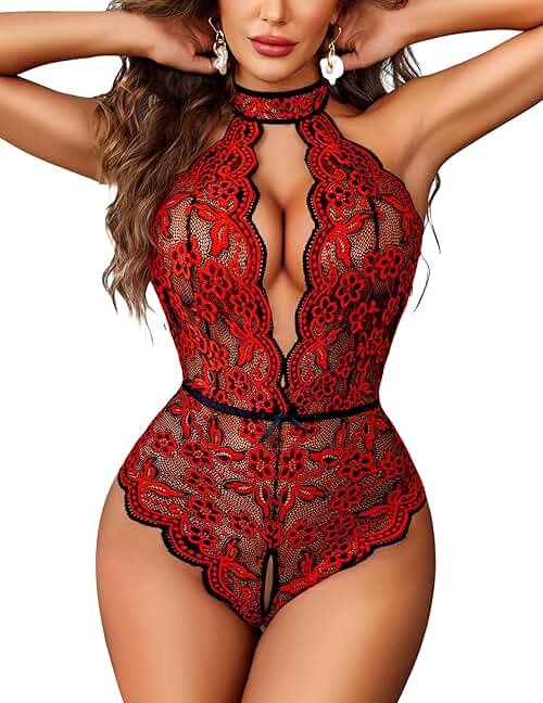 Avidlove Lingerie for Women Halter Lace Bodysuit V Neck Teddy One Piece Babydoll Nightgown - Product Image