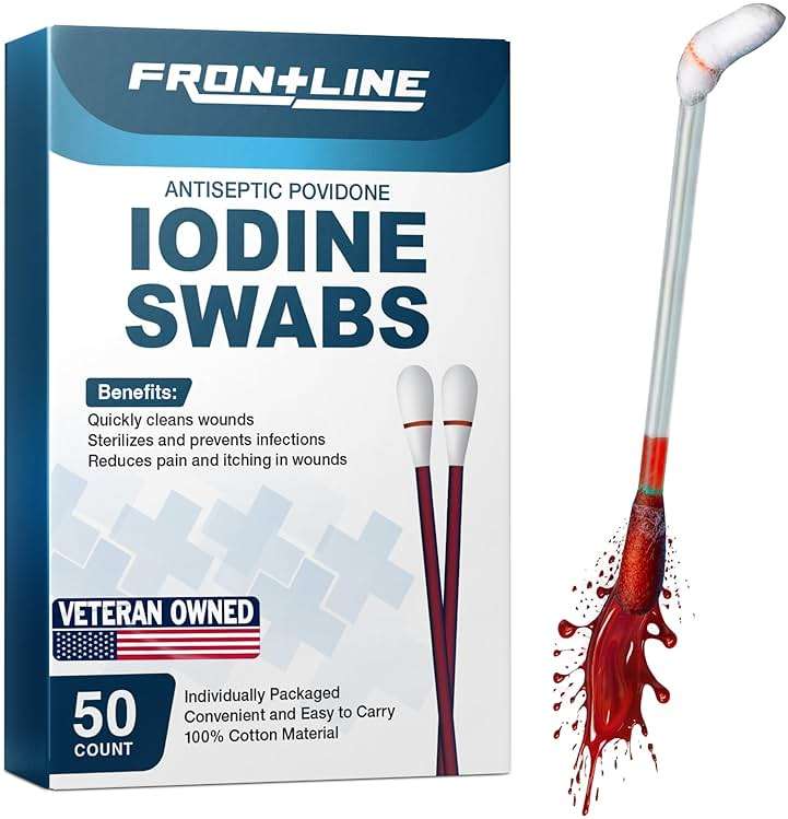 FrontLine Povidone Iodine Swabs, 10% More Iodine Antiseptic Solution, Cotton Swabsticks for Wound Care, Nasal Cleansing, First Aid & Medical Supplies, Individually Wrapped Box of 50 - Image 1