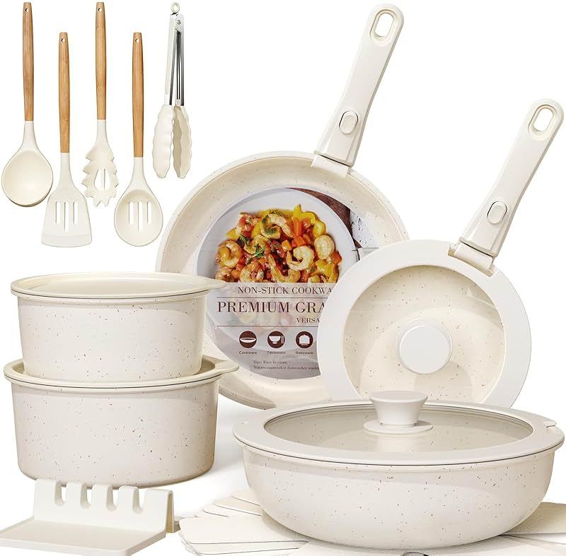 Astercook Ceramic Non-stick Cookware 21 Pcs Pots and Pans Set, Detachable Handle, RV Kitchen Non Stick Cooking Set Removable Handles, Oven Safe, Induction Ready, Stackable, Cream White by Astercook - Shop at Bazar