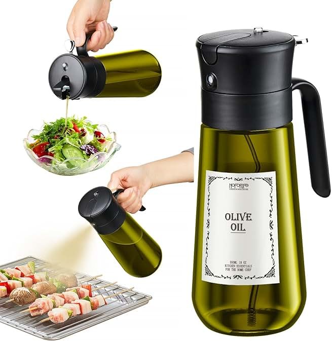 hoforife Glass Olive Oil Dispenser for Kitchen, 2 In 1 Oil Dispenser Bottle & Oil Sprayer for Cooking, Auto Flip Cap, 18oz Black (Light Blockage) - Product Image