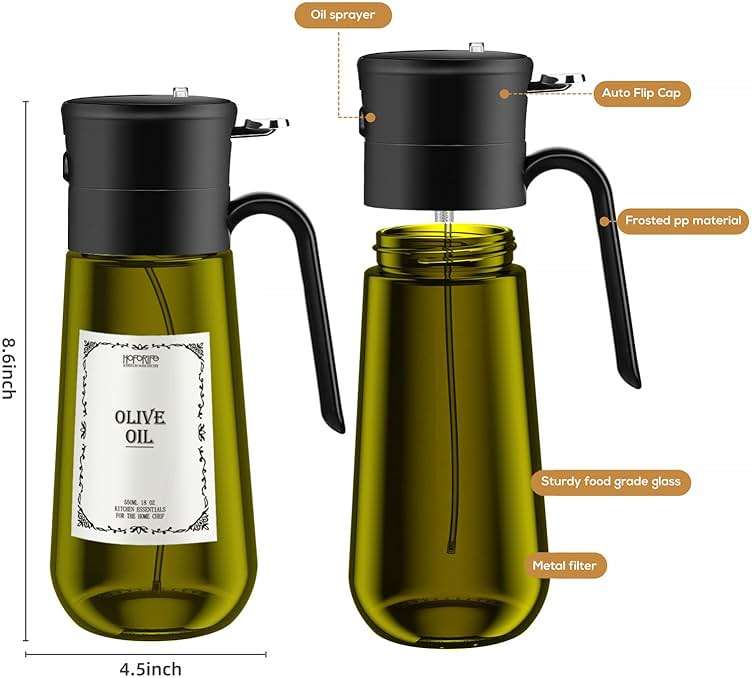 hoforife Glass Olive Oil Dispenser for Kitchen, 2 In 1 Oil Dispenser Bottle & Oil Sprayer for Cooking, Auto Flip Cap, 18oz Black (Light Blockage) - Image 2