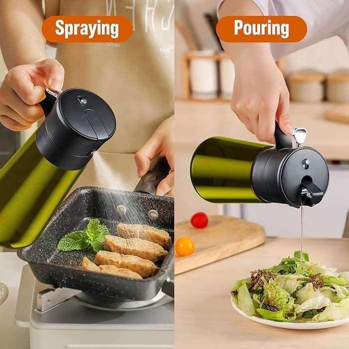hoforife Glass Olive Oil Dispenser for Kitchen, 2 In 1 Oil Dispenser Bottle & Oil Sprayer for Cooking, Auto Flip Cap, 18oz Black (Light Blockage) - Image 4