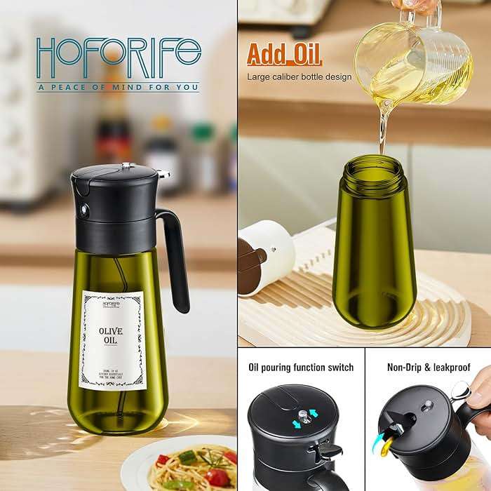 hoforife Glass Olive Oil Dispenser for Kitchen, 2 In 1 Oil Dispenser Bottle & Oil Sprayer for Cooking, Auto Flip Cap, 18oz Black (Light Blockage) - Image 6