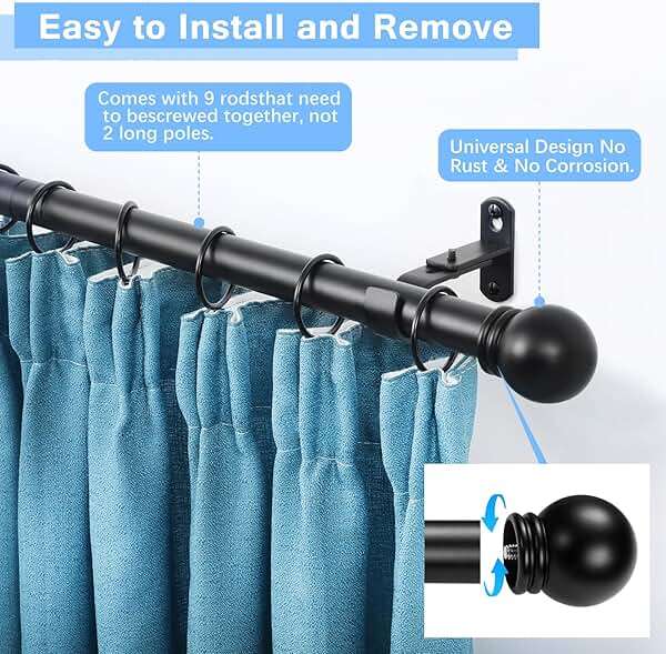 AMZSEVEN Curtain Rods for Windows 16 to 136 Inches, Curtain Rod Max Adjustable Length of 144 IN, 1" Diameter Drapery Rods Round Finials, Black, Pack of 1 - Image 2