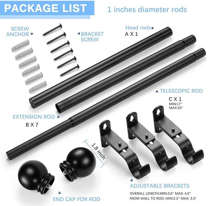 AMZSEVEN Curtain Rods for Windows 16 to 136 Inches, Curtain Rod Max Adjustable Length of 144 IN, 1" Diameter Drapery Rods Round Finials, Black, Pack of 1 - Image 3