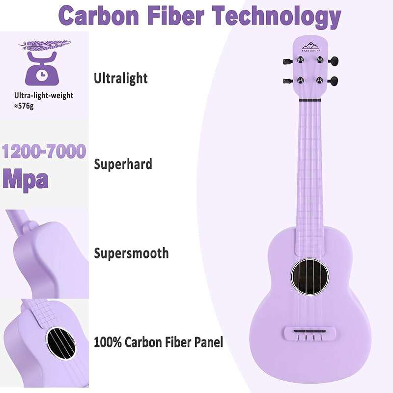 Concert Ukulele, EASTROCK Carbon Fiber 23 Inch Ukulele,Waterproof, Lightweight, Including Thickened Gig Bag, Capo, Tuner, Spare Strings, Sitable for Beginners, Professionals, Outdoor travel, Purple - Image 3