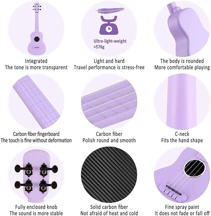Concert Ukulele, EASTROCK Carbon Fiber 23 Inch Ukulele,Waterproof, Lightweight, Including Thickened Gig Bag, Capo, Tuner, Spare Strings, Sitable for Beginners, Professionals, Outdoor travel, Purple - Image 5