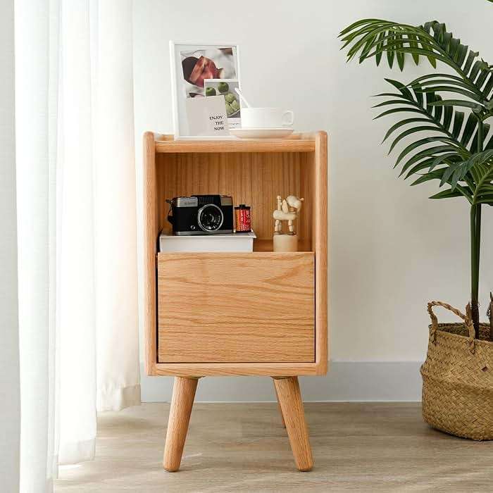Cttasty Night Stand, Solid Wood Nightsatnd with One Drawer & Open Shelf, Mid Century Modern Nightstand, Durable & Sturdy Small End Table, 11.81 W x 15.75 D x 22.05 H Inches, (Natural) - Image 4