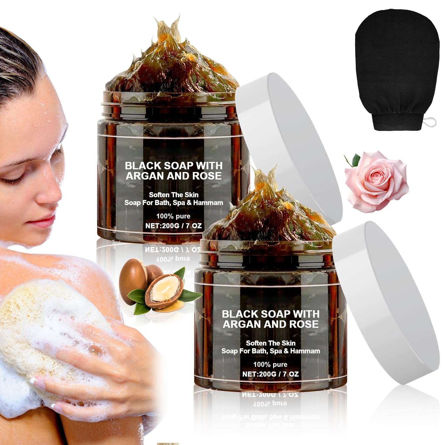 Morocco Black Soap with Argan and Rose, Morocco Black Beldi Bar Exfoliating Soaps, Moroccan Black Soap Hammam, Moroccos Body Scrub with Exfoliating Glove, 2 PCS - Image 1