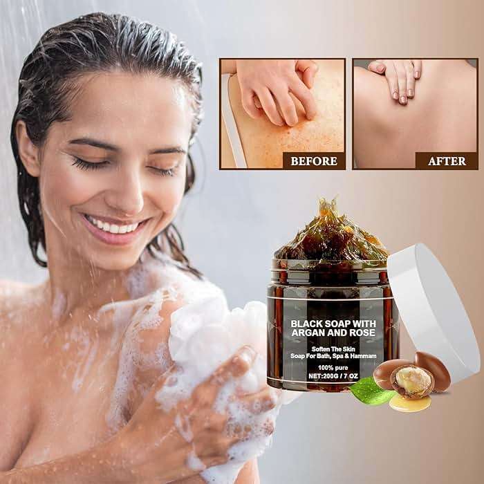 Morocco Black Soap with Argan and Rose, Morocco Black Beldi Bar Exfoliating Soaps, Moroccan Black Soap Hammam, Moroccos Body Scrub with Exfoliating Glove, 2 PCS - Image 2