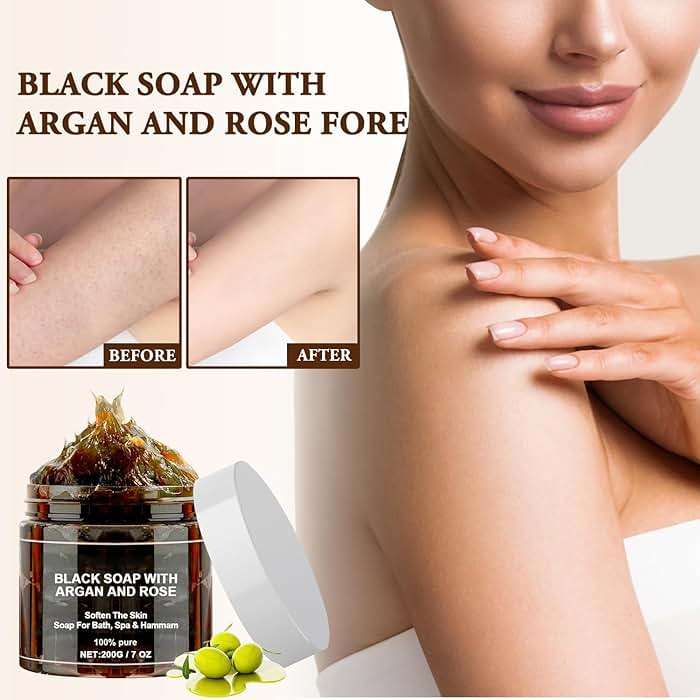 Morocco Black Soap with Argan and Rose, Morocco Black Beldi Bar Exfoliating Soaps, Moroccan Black Soap Hammam, Moroccos Body Scrub with Exfoliating Glove, 2 PCS - Image 6