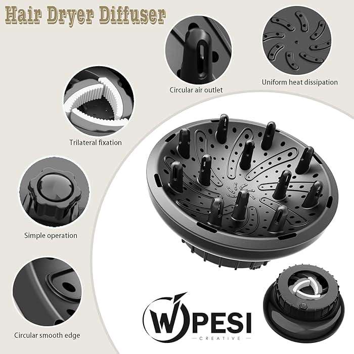 WPESI Diffuser Attachment for Hair Dryer,Hair Dryer Diffuser, Hair Diffuser Adaptable for Blow Dryers with D-1.4-Inch to 2.4-Inch for Curly or Wavy Hair,(Black) - Image 2