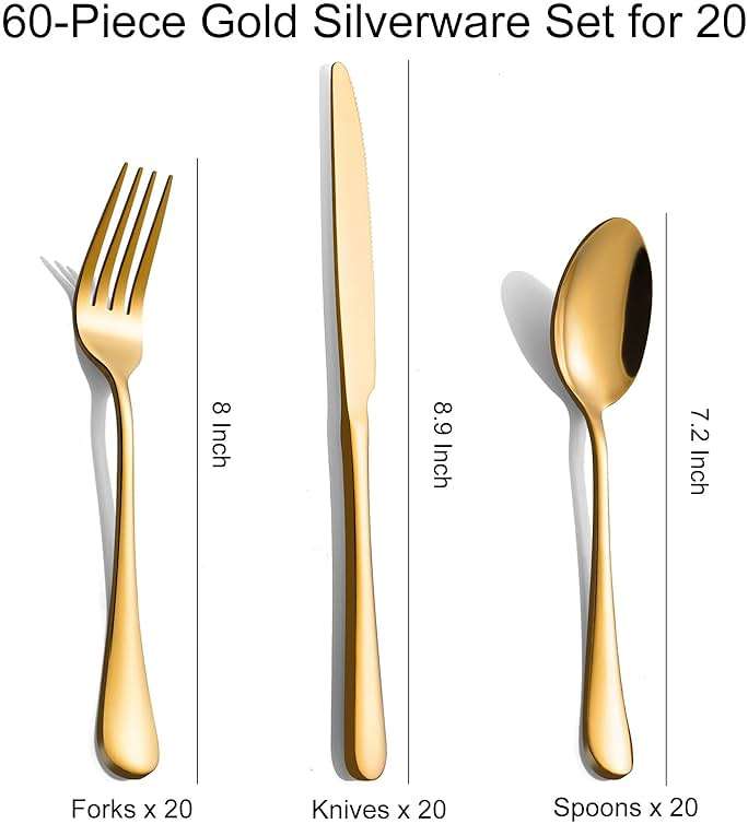 60-Pcs Gold Silverware Set - Stainless Steel Flatware Cutlery Set Service for 20, Mirror Polished Gold Flatware Set Include Forks Spoons Knives for Home, Wedding, Restaurant, Dishwasher Safe - Image 2