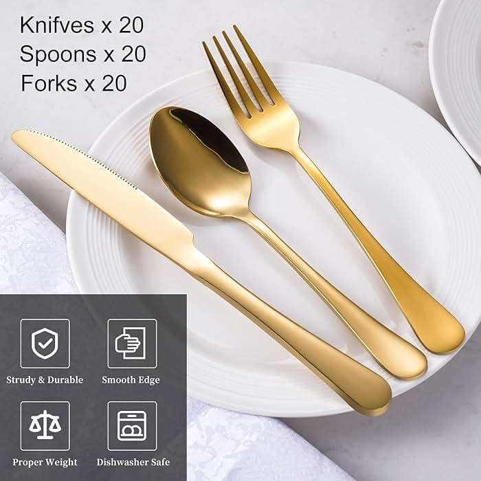 60-Pcs Gold Silverware Set - Stainless Steel Flatware Cutlery Set Service for 20, Mirror Polished Gold Flatware Set Include Forks Spoons Knives for Home, Wedding, Restaurant, Dishwasher Safe - Image 3