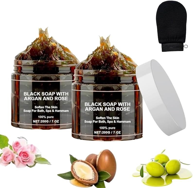 Dragon Honor Morocco Black Soap With Argan And Rose, Zawina Morocco Black Beldi Soap(200g/PCS, 2PCS) - Product Image