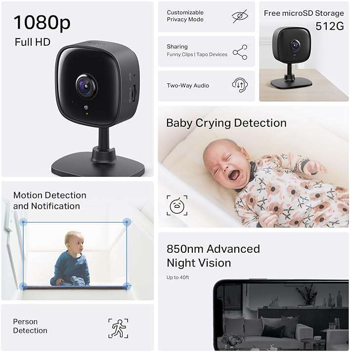 Tapo 1080P Indoor Security Camera for Baby Monitor, Pet Camera w/Motion Detection, 2-Way Audio, Night Vision, Cloud & SD Card Storage, Works w/Alexa & Google Home, Plug-in, C101 - Image 2