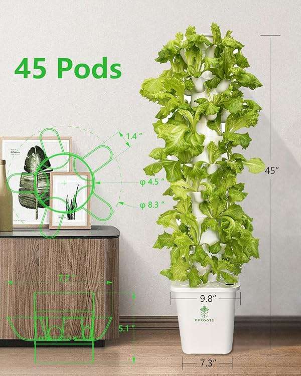 DPROOTS Hydroponic Tower Growing System,45 Pods Vertical Garden,Suitable for Indoor and Greenhouse, Grow Herbs and Vegetables,Houseplant Farming with Water Circulation and Automatic Timer - Image 3