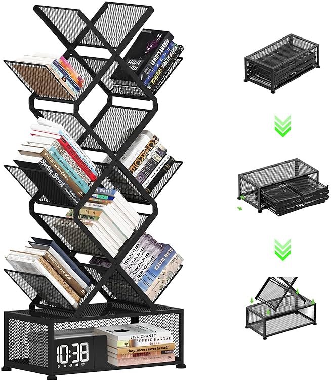 Gintan 9-Tier Space Saving Book Shelf with Storage,Bedroom Shelves Folding Bookshelves,No Installation Required Shelf Tree Metal Bookshelf for Living Room,Study,Home Office,Bed Room (Black) - Product Image