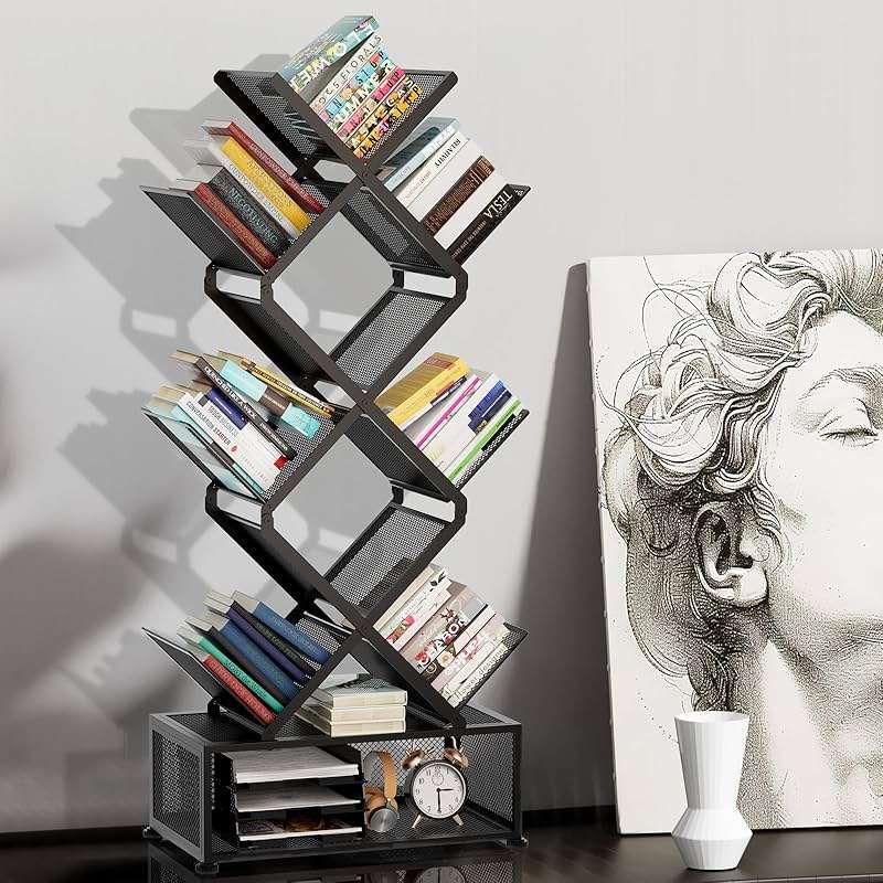 Gintan 9-Tier Space Saving Book Shelf with Storage,Bedroom Shelves Folding Bookshelves,No Installation Required Shelf Tree Metal Bookshelf for Living Room,Study,Home Office,Bed Room (Black) - Image 7