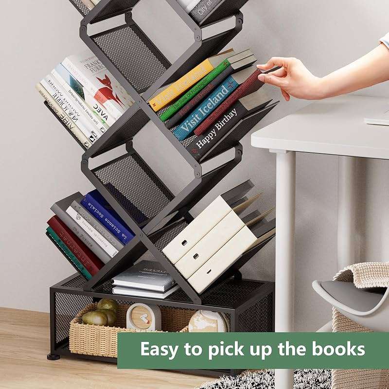 Gintan 9-Tier Space Saving Book Shelf with Storage,Bedroom Shelves Folding Bookshelves,No Installation Required Shelf Tree Metal Bookshelf for Living Room,Study,Home Office,Bed Room (Black) - Image 8