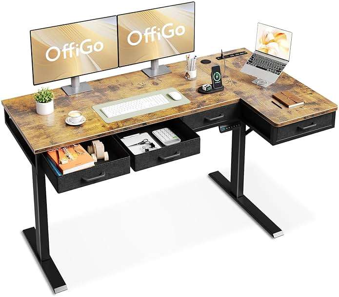 OffiGo 63 Inch L Shaped Electric Standing Desk with Drawers, Height Adjustable Large Desk with Power Outlets, Sit Stand Table, Writing Computer Desk for Home, Office, Workstation, Rustic Brown - Image 1