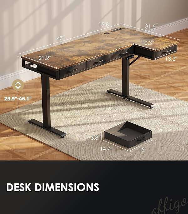 OffiGo 63 Inch L Shaped Electric Standing Desk with Drawers, Height Adjustable Large Desk with Power Outlets, Sit Stand Table, Writing Computer Desk for Home, Office, Workstation, Rustic Brown - Image 3