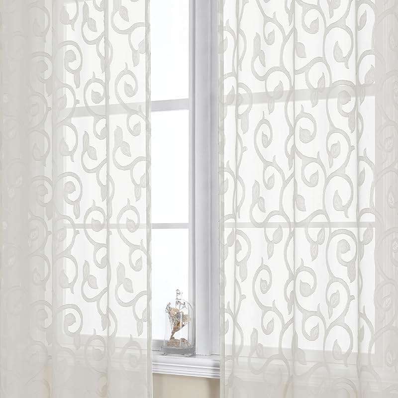 OWENIE Furman Sheer Curtains 63 inch Length for Bedroom Living Room 2 Panels Set, Jacquard Clip Textured Semi Sheer Curtains, Light Filtering Rod Pocket Farmhouse Window Treatments, Ivory, 40Wx63L - Image 1