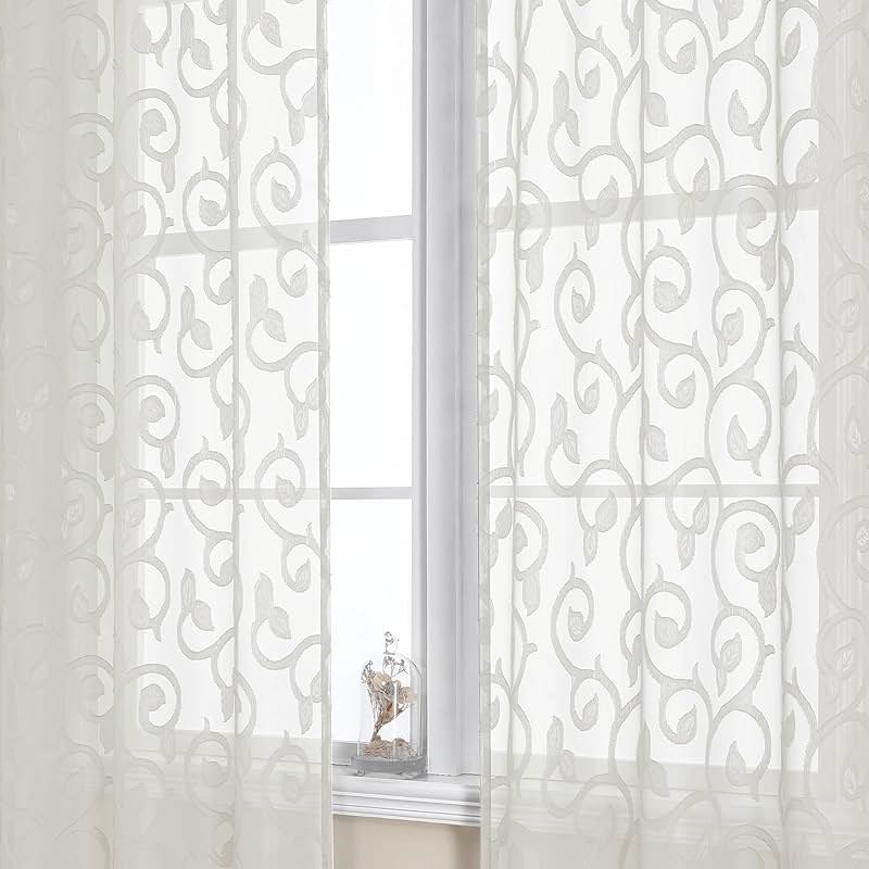 OWENIE Furman Sheer Curtains 63 inch Length for Bedroom Living Room 2 Panels Set, Jacquard Clip Textured Semi Sheer Curtains, Light Filtering Rod Pocket Farmhouse Window Treatments, Ivory, 40Wx63L - Product Image