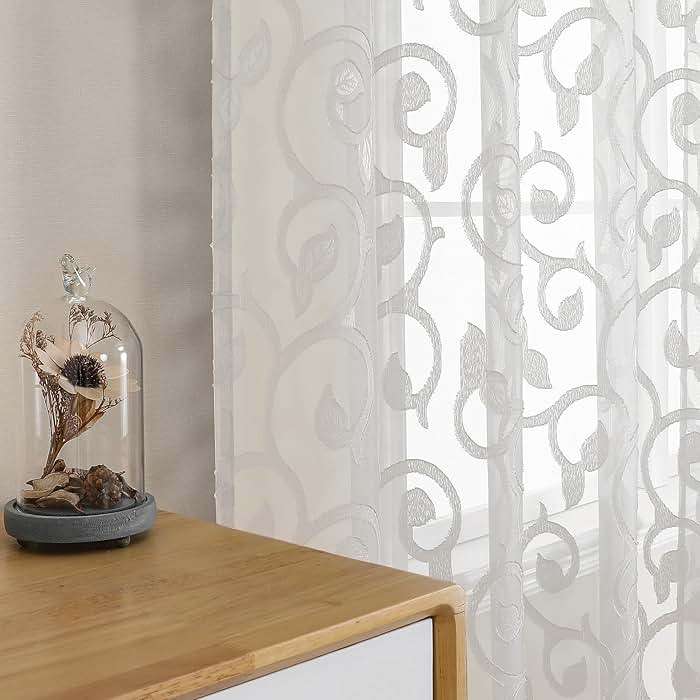 OWENIE Furman Sheer Curtains 63 inch Length for Bedroom Living Room 2 Panels Set, Jacquard Clip Textured Semi Sheer Curtains, Light Filtering Rod Pocket Farmhouse Window Treatments, Ivory, 40Wx63L - Image 2