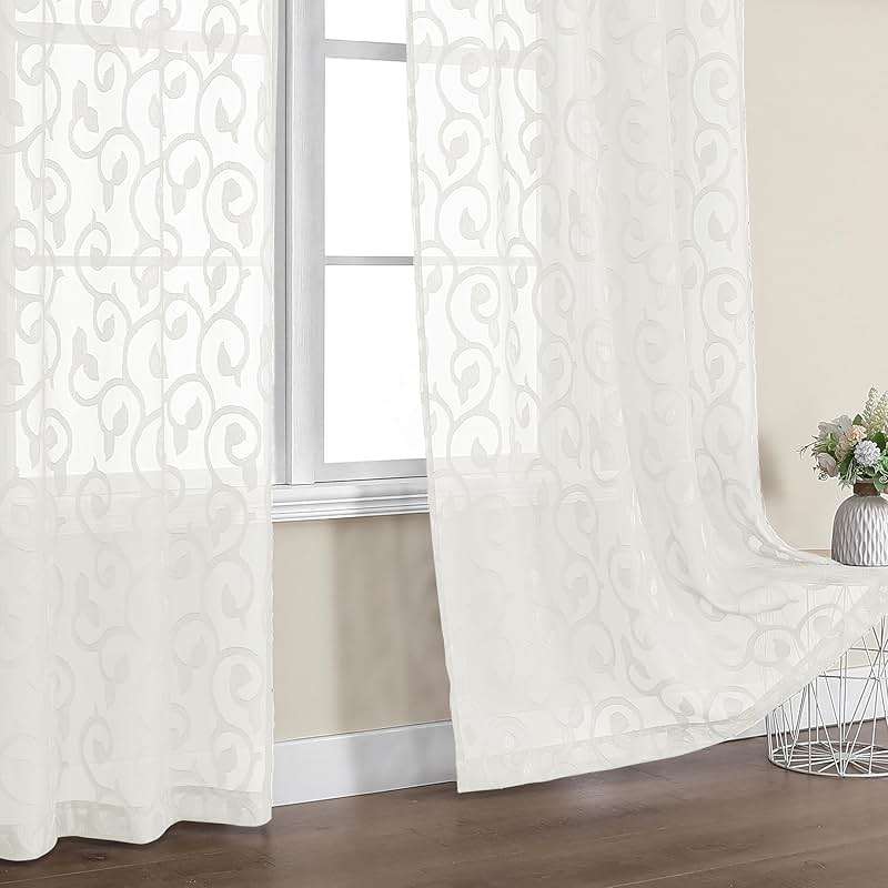 OWENIE Furman Sheer Curtains 63 inch Length for Bedroom Living Room 2 Panels Set, Jacquard Clip Textured Semi Sheer Curtains, Light Filtering Rod Pocket Farmhouse Window Treatments, Ivory, 40Wx63L - Image 3