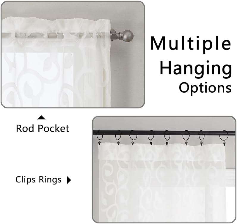 OWENIE Furman Sheer Curtains 63 inch Length for Bedroom Living Room 2 Panels Set, Jacquard Clip Textured Semi Sheer Curtains, Light Filtering Rod Pocket Farmhouse Window Treatments, Ivory, 40Wx63L - Image 4