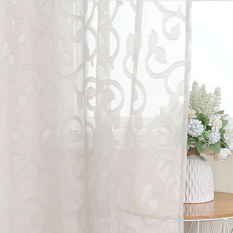 OWENIE Furman Sheer Curtains 63 inch Length for Bedroom Living Room 2 Panels Set, Jacquard Clip Textured Semi Sheer Curtains, Light Filtering Rod Pocket Farmhouse Window Treatments, Ivory, 40Wx63L - Image 5