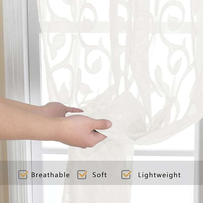 OWENIE Furman Sheer Curtains 63 inch Length for Bedroom Living Room 2 Panels Set, Jacquard Clip Textured Semi Sheer Curtains, Light Filtering Rod Pocket Farmhouse Window Treatments, Ivory, 40Wx63L - Image 6