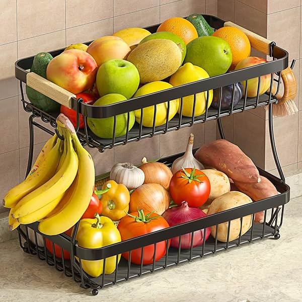 Sevenblue 2 Tier Large Fruit Basket for Kitchen Counter with 2 Mobile Banana Hangers, 2026 Pro Detachable Metal Fruit Bowl with Wooden Handle, Fruit Holder for Bread Snack Veggies with Protective Mats - Product Image