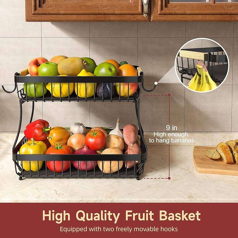 Sevenblue 2 Tier Large Fruit Basket for Kitchen Counter with 2 Mobile Banana Hangers, 2026 Pro Detachable Metal Fruit Bowl with Wooden Handle, Fruit Holder for Bread Snack Veggies with Protective Mats - Image 3