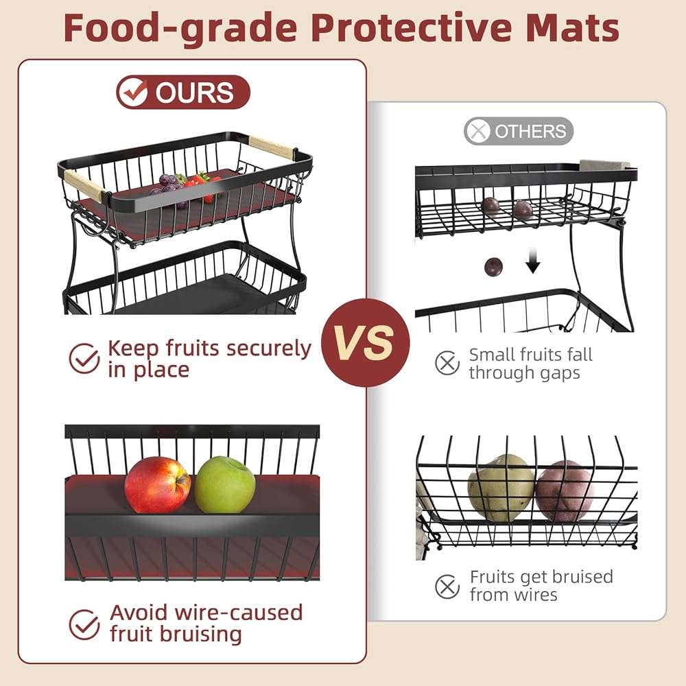 Sevenblue 2 Tier Large Fruit Basket for Kitchen Counter with 2 Mobile Banana Hangers, 2026 Pro Detachable Metal Fruit Bowl with Wooden Handle, Fruit Holder for Bread Snack Veggies with Protective Mats - Image 6