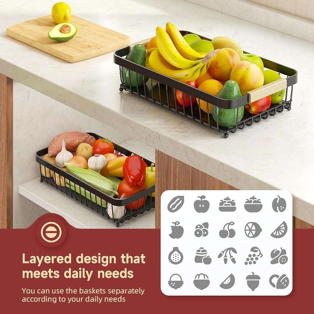Sevenblue 2 Tier Large Fruit Basket for Kitchen Counter with 2 Mobile Banana Hangers, 2026 Pro Detachable Metal Fruit Bowl with Wooden Handle, Fruit Holder for Bread Snack Veggies with Protective Mats - Image 7