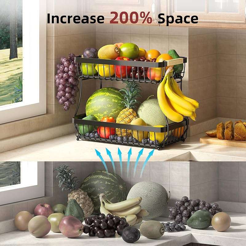 Sevenblue 2 Tier Large Fruit Basket for Kitchen Counter with 2 Mobile Banana Hangers, 2026 Pro Detachable Metal Fruit Bowl with Wooden Handle, Fruit Holder for Bread Snack Veggies with Protective Mats - Image 9