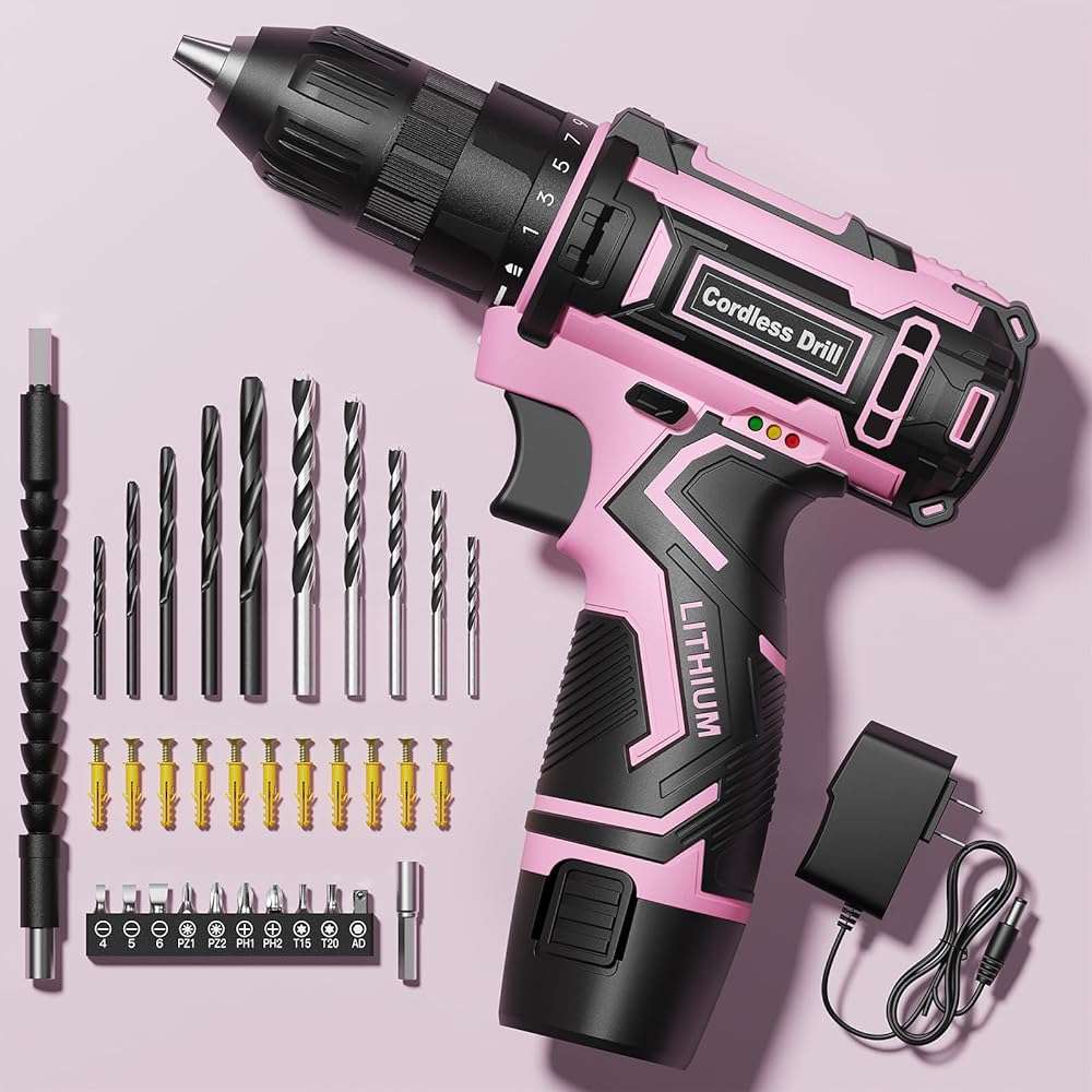 Pink Cordless Drill Set, Electric Power Drill for Women, Lightweight Electric Screwdriver Driver with Battery & Charger, 3/8" Keyless Chuck, Womens Tool Kit for Home DIY Projects - Image 1