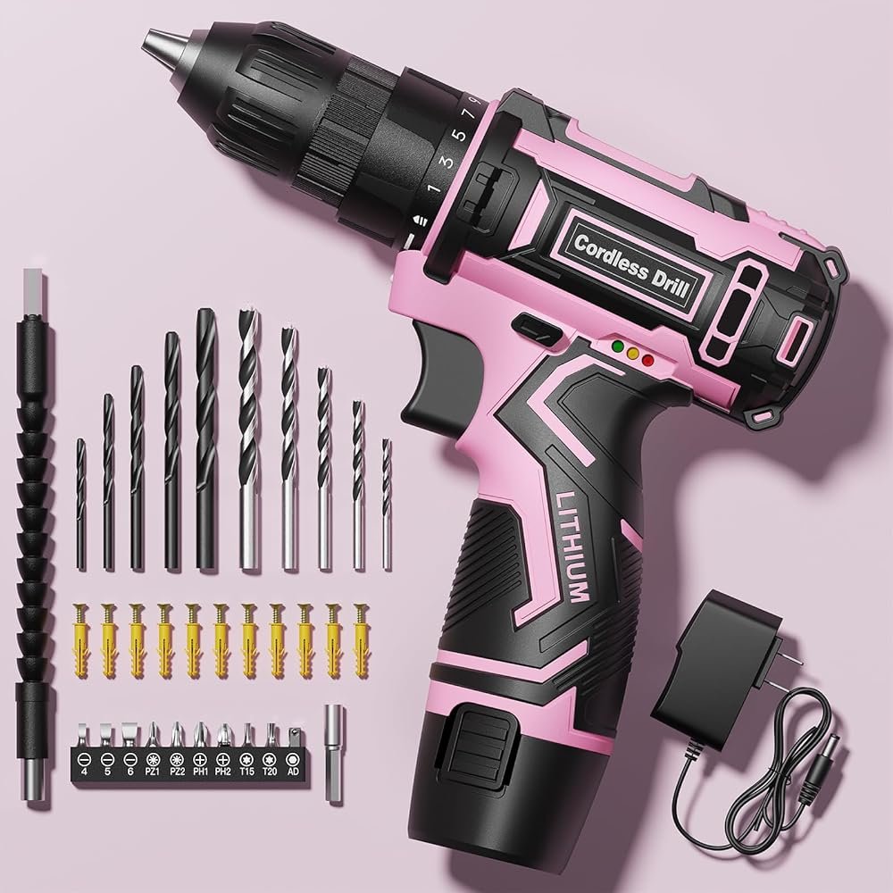 Pink Cordless Drill Set, Electric Power Drill for Women, Lightweight Electric Screwdriver Driver with Battery & Charger, 3/8" Keyless Chuck, Womens Tool Kit for Home DIY Projects - Product Image