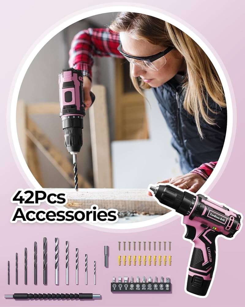 Pink Cordless Drill Set, Electric Power Drill for Women, Lightweight Electric Screwdriver Driver with Battery & Charger, 3/8" Keyless Chuck, Womens Tool Kit for Home DIY Projects - Image 3