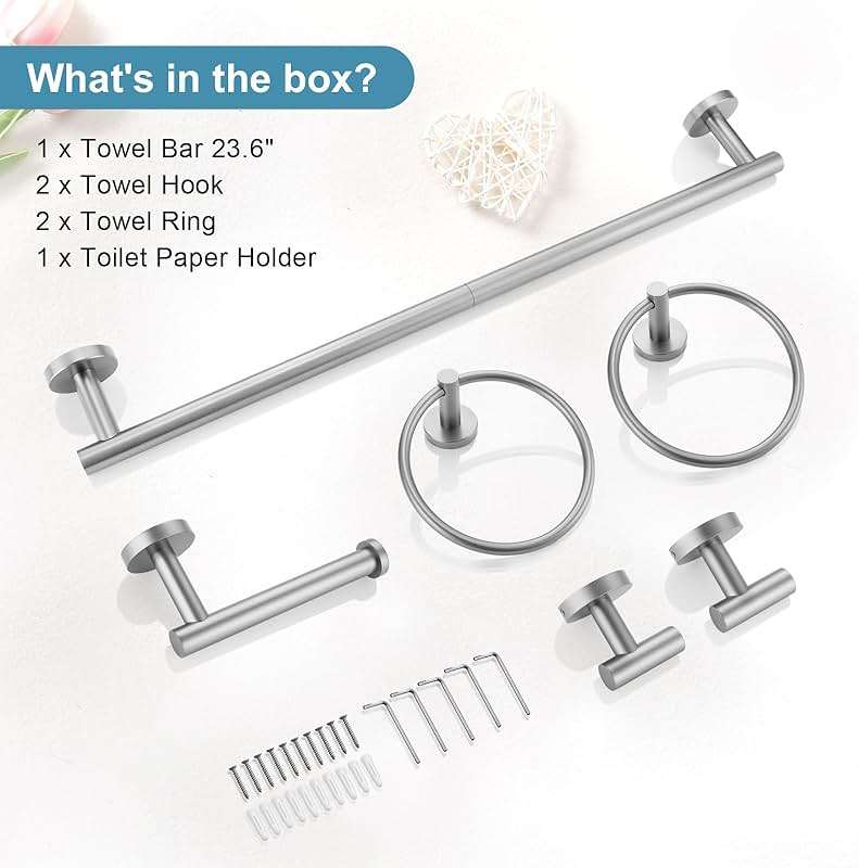 TQKAG Brushed Nickel Bathroom Hardware Set 6-Piece Bathroom Accessory Set 23.6 Inch Round Stainless Steel Towel Bar Set Wall Mounted - Image 8