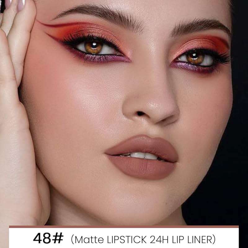 evpct 1Pcs Nude Brown Velvet Matte Lip Liner and Lipstick Combo Set Kit for Women, Magic 24 Hours Lipstick and Lip Liner Makeup Set Stain Long Lasting Waterproof labial, 48# - Image 2