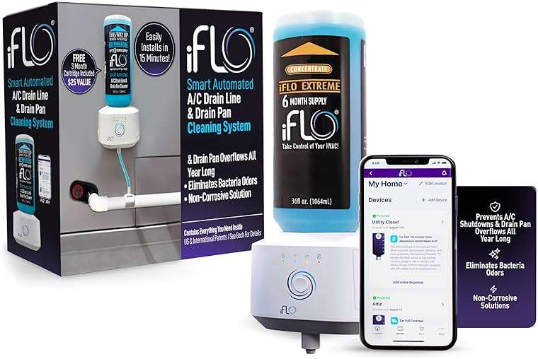 iFLO® Smart A/C Drain Line and Drain Pan Cleaner for HVAC System, Clog-Free, Easy Installation & App-Controlled Air Conditioner Maintenance, Includes 36oz Cleaner Cartridge Concentrate, 6 Month Supply - Image 1