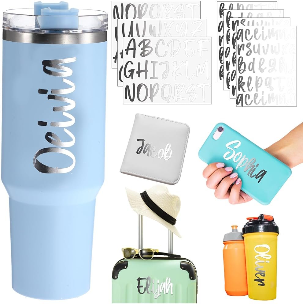 Humyoun 6 Sheets UV DTF Cup Wrap Name Stickers for Water Bottles Waterproof Custom Vinyl Decals Personalized Lettering Gift Stickers for 14-40oz Tumbler Cups Mugs DIY Craft (Silver) - Product Image
