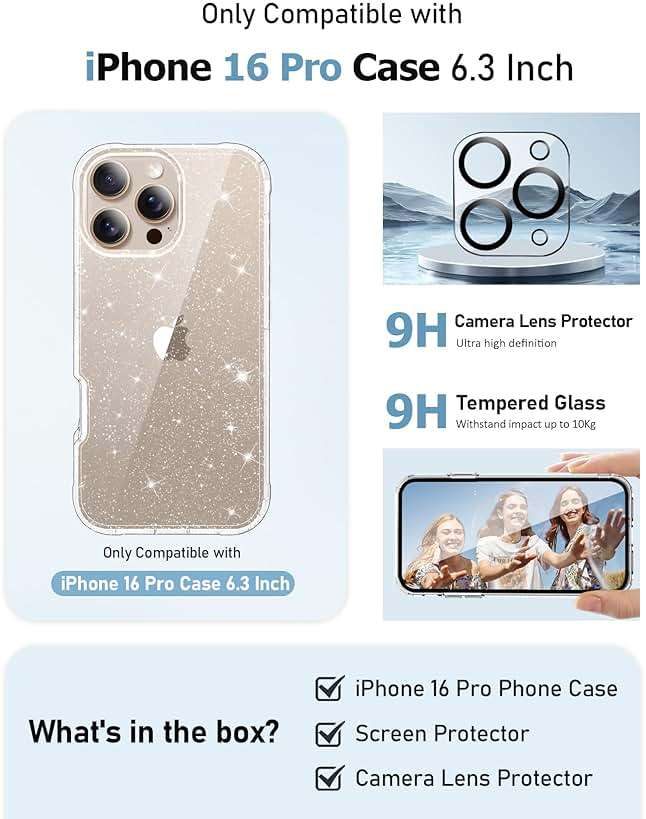 MIODIK Compatible with iPhone 16 Pro Case Clear Glitter, with Screen Protector + Camera Lens Protector, Shockproof Protective Phone Case, Women Girl Cover for iPhone 16Pro 6.3" - Sparkle Clear - Image 2