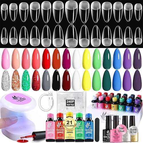 LAVENDER VIOLETS Gel Nail Kit 240 Pcs Short Almond Nail Tips Extension, 21 Gel Colors with Portable U V Light, Nail Glue Base/Glossy/Matte Top Coat for Women Girls VC17 - Image 1