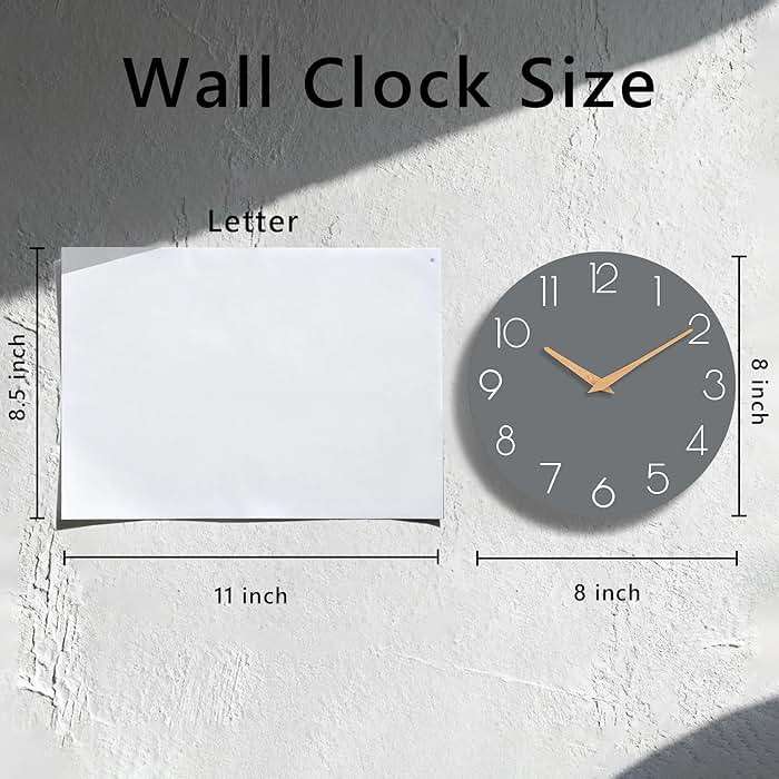 cicininc Wall Clock, Gray Silent Non-Ticking, Decorative Battery Operated Wall Clocks for Bedroom, Kitchen, Home, Office, School, Hotel (8 Inch) - Image 2