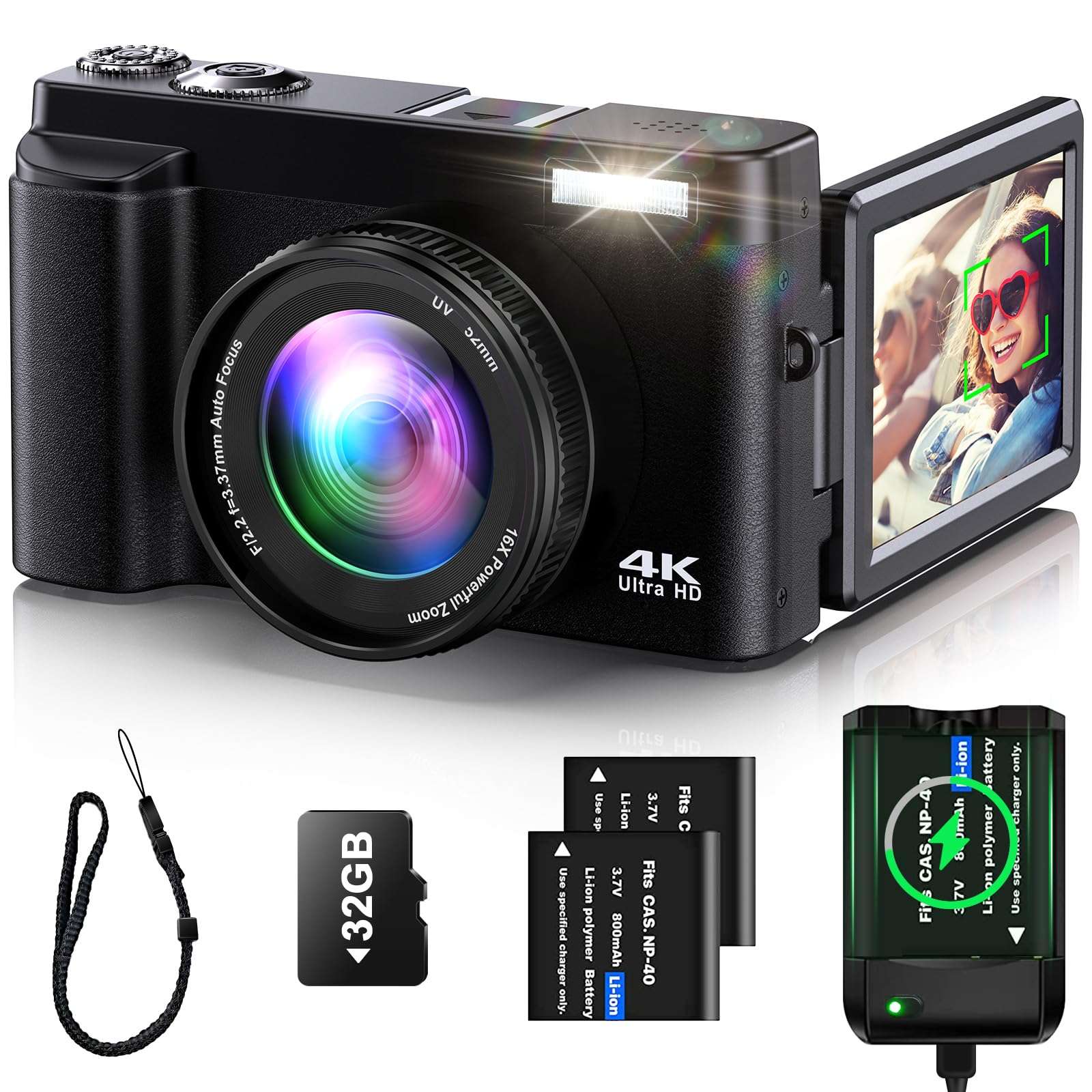 4K Digital Camera for Photography Auto-Focus Vlogging Camera for YouTube Video with 3'' 180° Flip Screen 16X Anti-Shake 4K Camera Compact Cameras with SD Card, Flash, 2 Batteries - Image 1